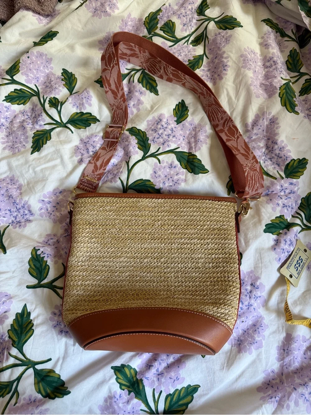 Stella & Dot Natural Straw Crossbody with Brown Leather Trim and Patterned Strap